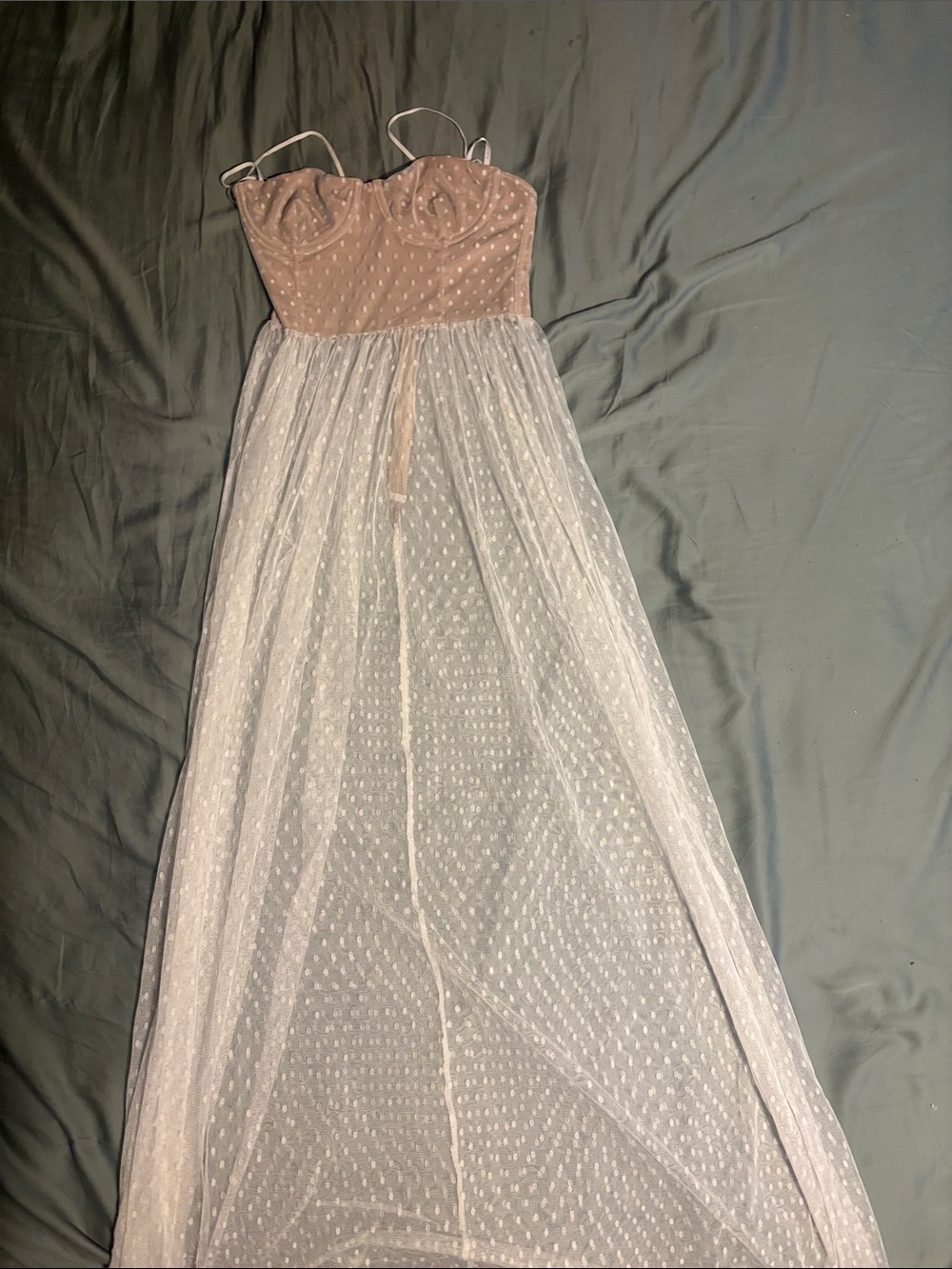 White Fox Boutique Blush Pink Bustier Maxi Dress with Sheer Polka Dot Skirt